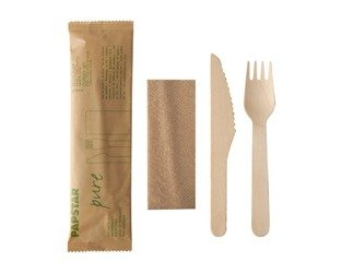Komplet sztućców z drewna - nóż, widelec, serwetka (paczka 50 szt).