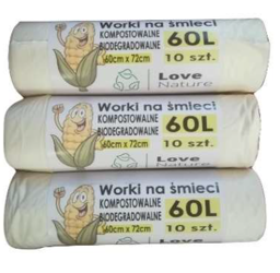 Worki na śmieci z PLA  poj. 60l  60 cm  x 72 cm (paczka 1 rolka (10 szt).