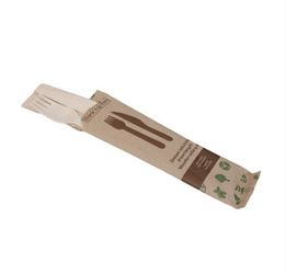 Komplet sztućców z drewna - nóż, widelec, serwetka (paczka 300 szt).