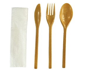 Komplet sztućców  z włókna drewnianego (nóż, widelec, łyżka, serwetka (paczka 200 szt).